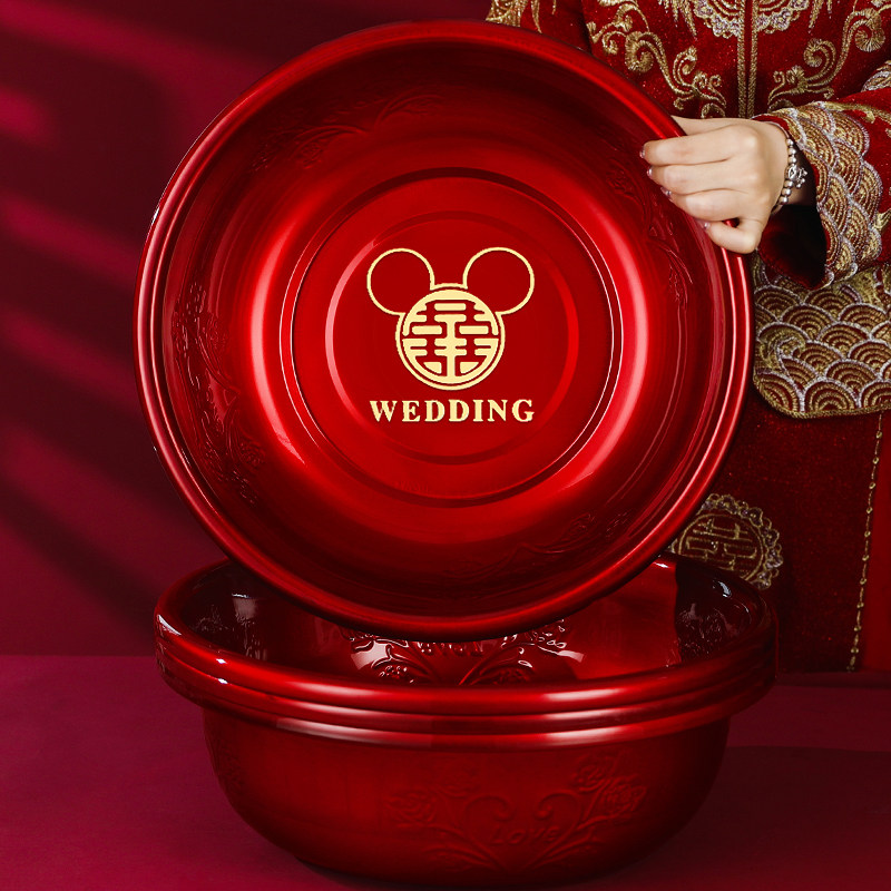 结婚铁盆一对女方陪嫁嫁妆喜盆娘家婚礼红色脸盆套装婚庆用品大全