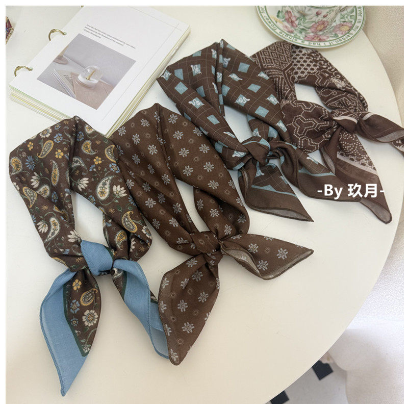 复古文艺秋冬美拉德色系咖色棉麻小方巾腰果百搭小领巾头巾发带
