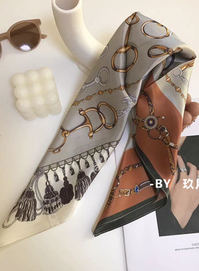 法式时髦ins100桑蚕丝复古锁链印花气质百搭真丝小丝巾领巾发带