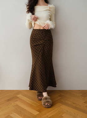 ron&ron复古优雅风菱格纹半身裙2025秋季高腰包臀鱼尾裙气质长裙