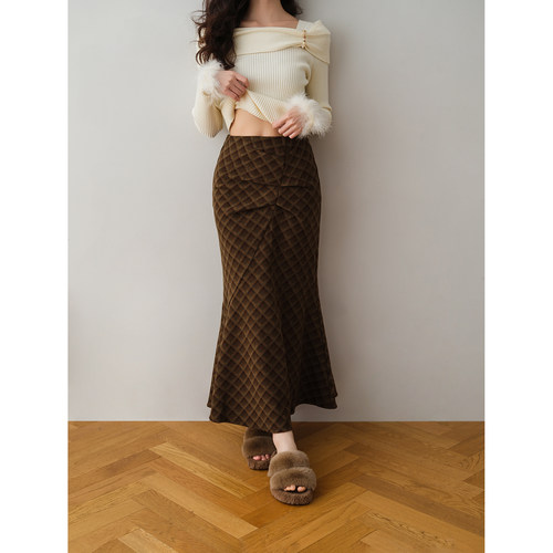 ron&ron复古优雅风菱格纹半身裙2025秋季高腰包臀鱼尾裙气质长裙