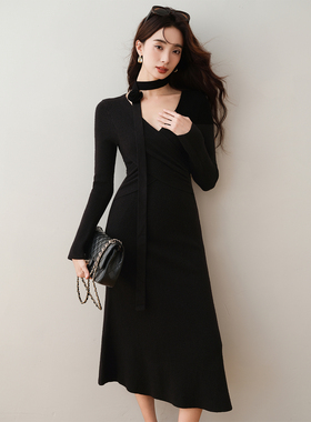 ron&ron挂脖飘带交叉V领针织裙2024秋冬新款法式修身显瘦打底长T