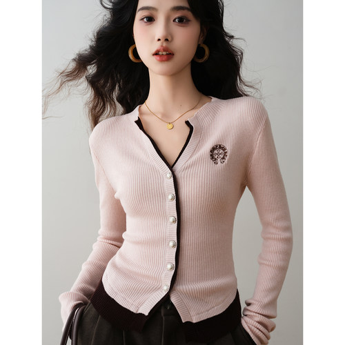 法式温柔风撞色黑边V领针织开衫