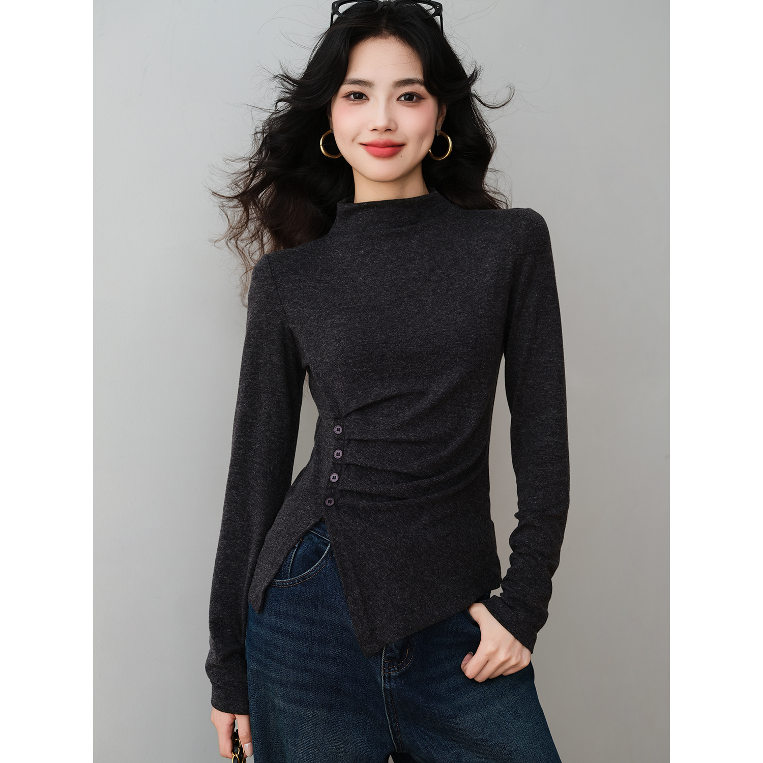 ron&ron设计感半不对称排扣收腰针织长袖2025秋季修身高领打底衫