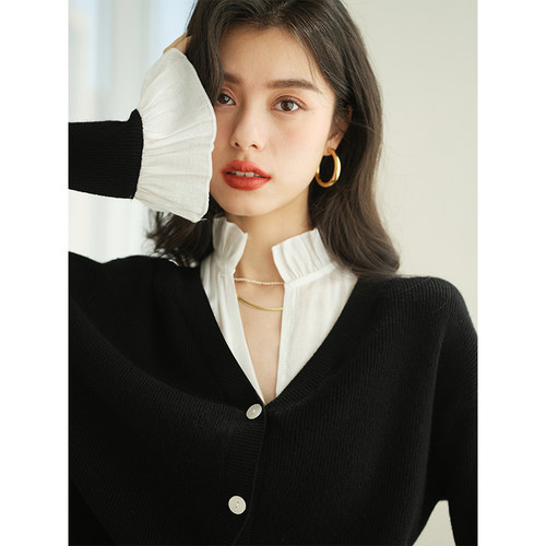 ron&ron羊毛V领开衫拼接毛衣软糯