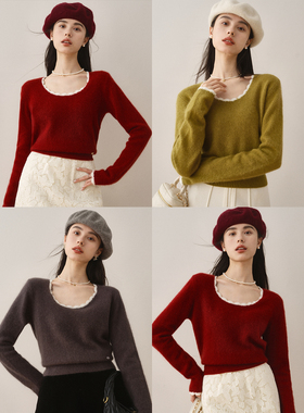 ron软糯绵羊毛花边毛衣2023秋冬新款新年红色慵懒风圆领针织上衣T