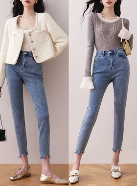 Ron设计感修身显瘦铅笔牛仔裤女2023秋季新款高腰直筒九分小脚裤T