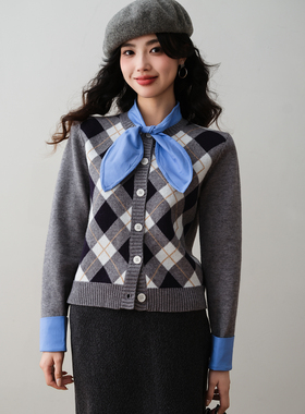 ron&ron复古菱格假两件蝴蝶结领针织开衫2025秋季撞色学院风毛衣