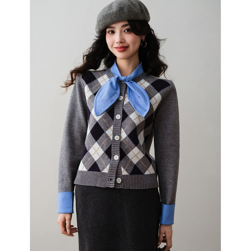 复古菱格假两件蝴蝶结领针织开衫