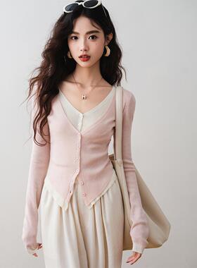 ron&ron韩系假两件撞色针织开衫2025早春新款气质修身收腰v领上衣