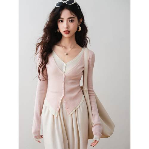 韩系假两件撞色修身收腰针织开衫