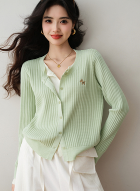 ron&ron温柔韩系纹理收腰小马标针织开衫女2026春季纽扣百搭上衣