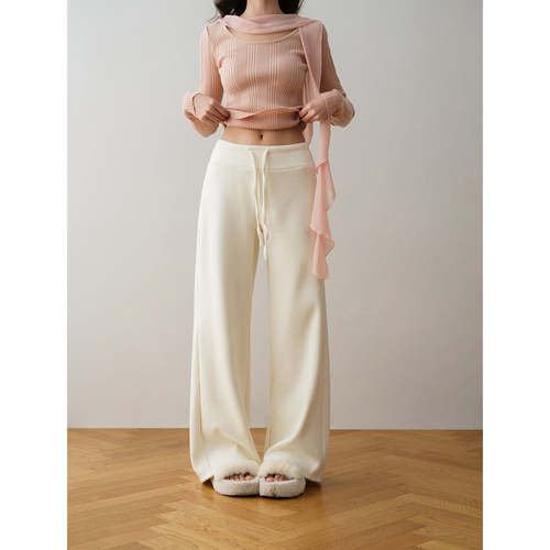 ron&ron极简风高腰加绒松紧阔腿裤女2025秋季显瘦垂感直筒休闲裤