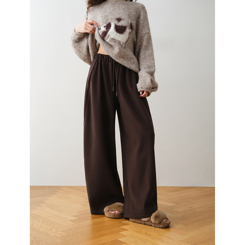 ron&ron慵懒抽绳加绒阔腿裤女2025冬季宽松垂感直筒休闲裤卫裤