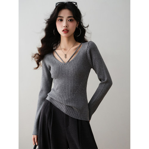 2025法式绑带V领气质修身针织衫