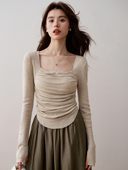 ron&ron法式 韩系气质茶里茶气别致上衣T 新款 方领褶皱针织衫 春季