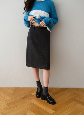 ron&ron韩系通勤直筒高腰显瘦中长半身裙女2025秋季A字裙气质裙子