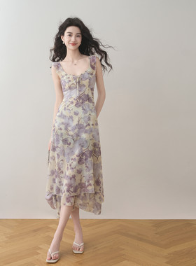 ron&ron法式方领绝美紫色印花连衣裙夏季新款荷叶边无袖碎花裙T