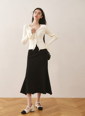 Ron通勤百搭黑色针织鱼尾裙2023秋冬新款设计感气质包臀半身裙T