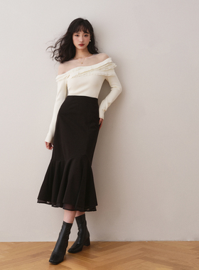 ron法式黑色开叉鱼尾裙2023秋冬新款设计感百搭显瘦包臀半身裙T