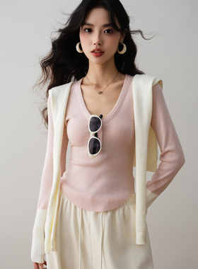 ron&ron韩式简约风V领带披肩针织衫2025秋季修身打底衫针织上衣