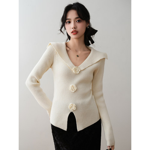 法式温柔风立体花朵翻领针织衫