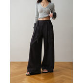 直筒长裤 ron&ron极简风高腰松紧腰阔腿裤 女送腰带宽松显瘦休闲裤