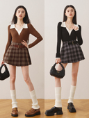 Ron复古百搭秋冬格子百褶短裙2023秋冬新款 高腰显瘦A字格纹半身T