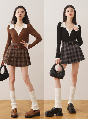 Ron复古百搭秋冬格子百褶短裙2023秋冬新款高腰显瘦A字格纹半身T
