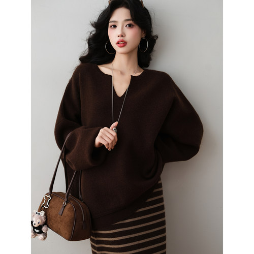 韩系慵懒风小V领长袖针织衫上衣
