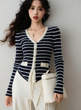 ron&ron小香风V领条纹针织开衫2025冬季韩系百搭金属扣装饰毛衣