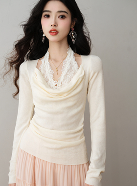 ron&ron法式温柔风蕾丝挂脖荡领针织衫2026春季收腰显瘦气质上衣