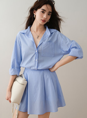 ron&ron纯棉蓝色条纹衬衫半裙两件套早秋新款小个子时尚减龄套装t