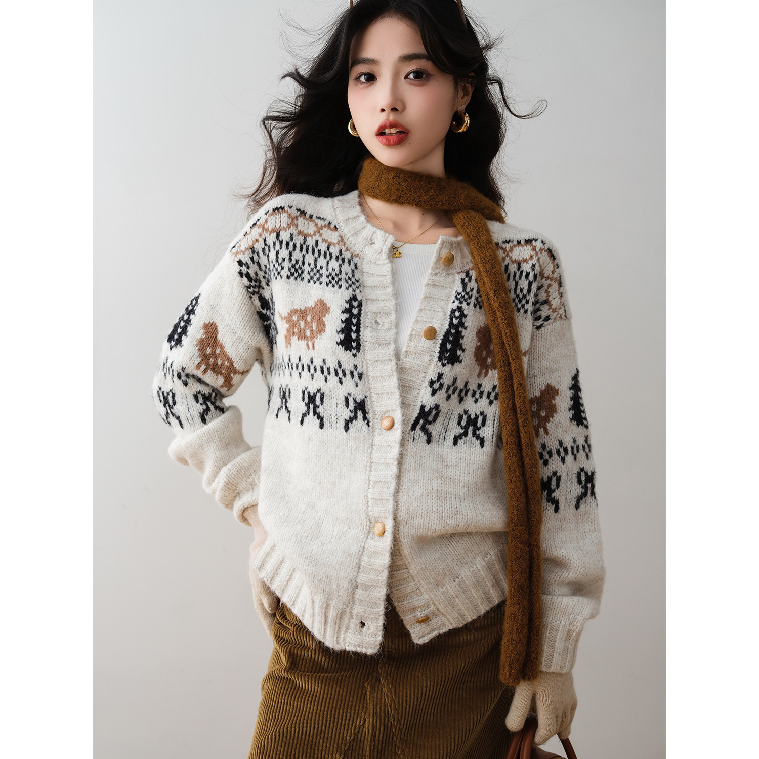 复古费尔岛风提花针织开衫2025冬