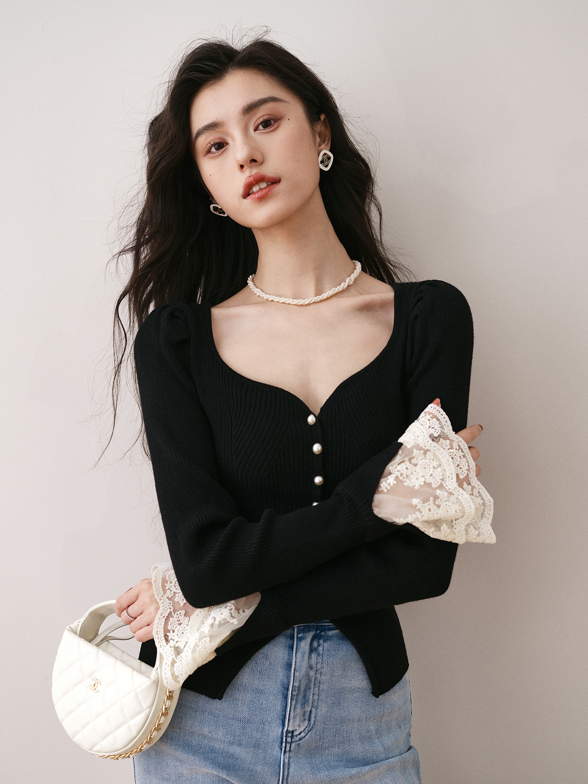 ronron单排扣v领开衫拼接针织衫