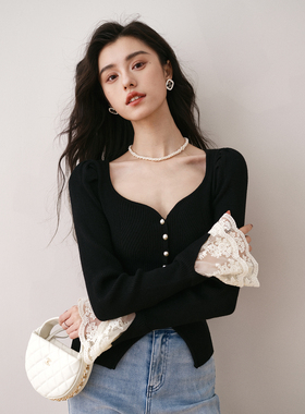 Ron&Ron法式V领蕾丝长袖针织衫开衫小众修身显瘦内搭打底上T