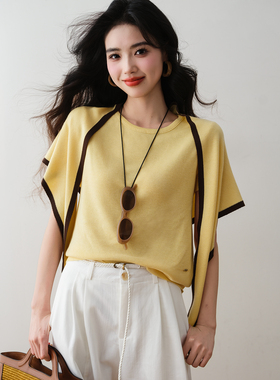 ron&ron法式温柔风撞色边带披肩针织衫2026春季短袖显瘦百搭上衣