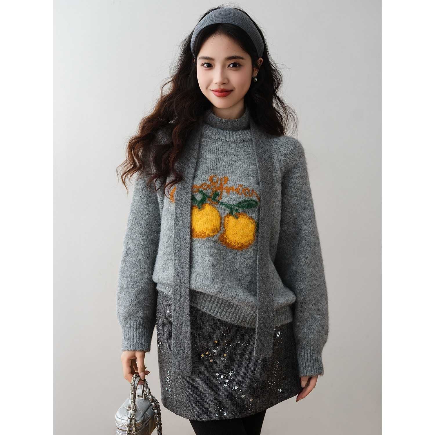 ron&ron童趣橘子提花针织毛衣女2025冬季圆领长袖套头羊毛上衣