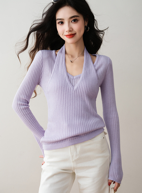 ron&ron小众设计感挂脖V领坑条针织衫2026春季修身显瘦假两件上衣