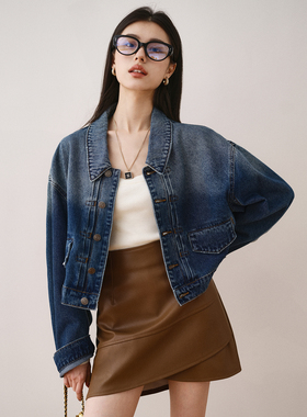 ron设计感蓝色牛仔外套女宽松短款2023秋季新款复古百搭长袖上衣T