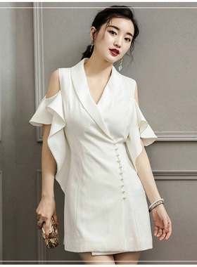 RonRon露肩修身OL职业连衣裙白色V领气质显瘦A字裙女秋季2018新T