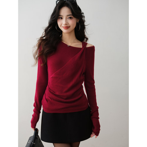 法式温柔风设计斜肩针织衫2025秋