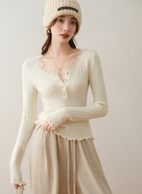 ron&ron法式木耳边修身针织衫2024秋冬新款绝美蕾丝拼接圆领上衣T