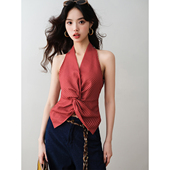 ron&ron复古港风V领扭结褶挂脖背心2025夏新款 修身 显瘦格子上衣T