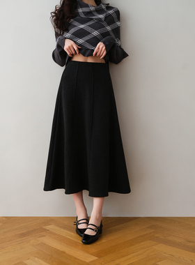 ron&ron学院风加绒松紧A字中长裙女2025秋季高腰显瘦垂感大摆裙