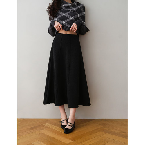 ron&ron学院风加绒松紧A字中长裙女2025秋季高腰显瘦垂感大摆裙