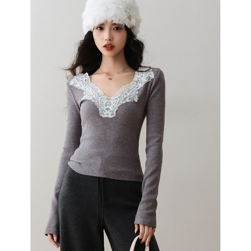 ron&ron法式浪漫蕾丝拼接V领针织衫女2025冬季修身显瘦长袖打底衫