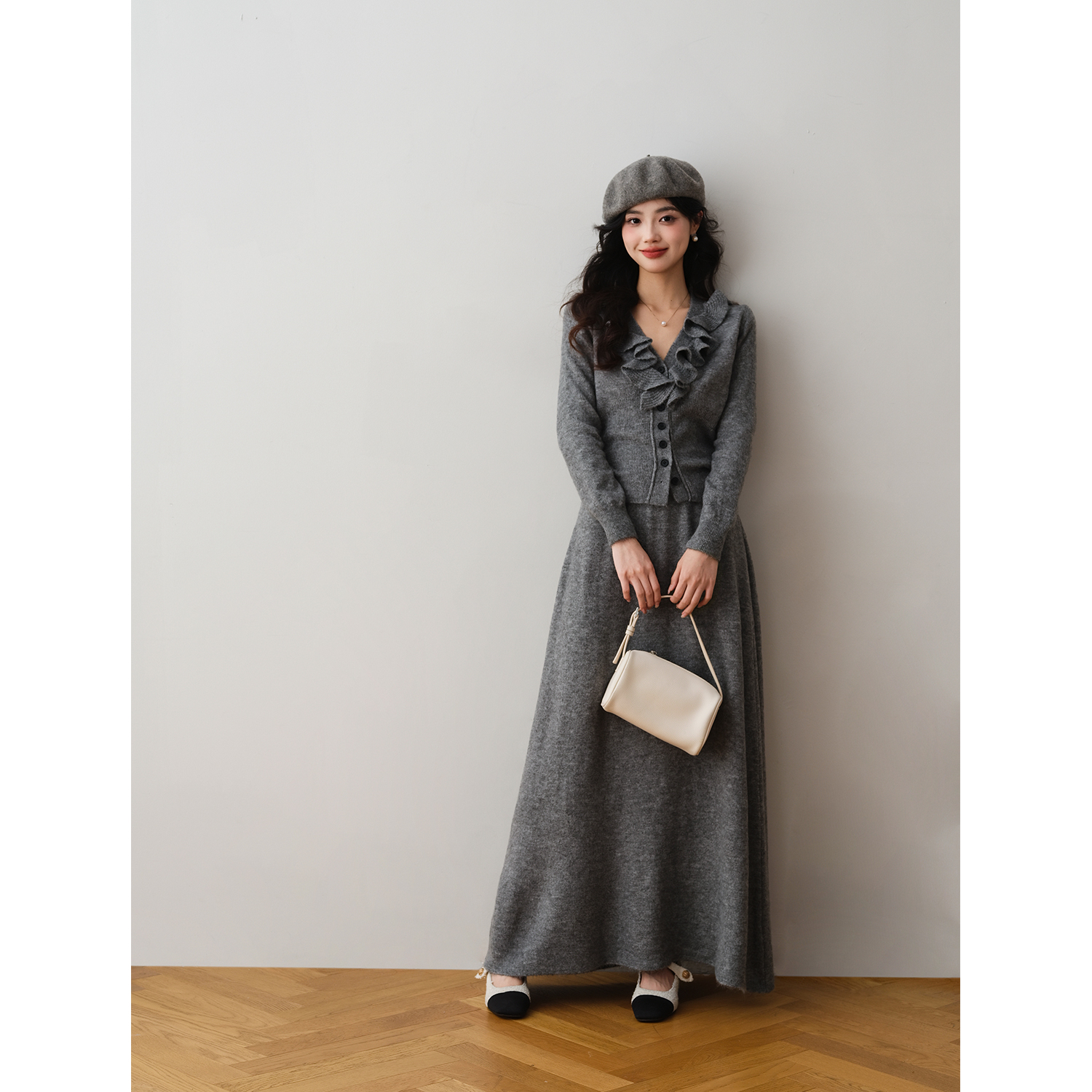 ron&ron文艺复古木耳领开衫松紧半身裙套装2025秋季收腰气质穿搭