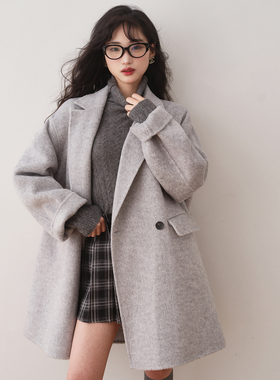 ron极简高级感灰色羊毛双面呢大衣2023秋冬新款西装式毛呢外套T