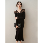 气质修身 ron&ron法式 优雅蕾丝拼接连衣裙秋冬新款 显瘦打底鱼尾裙T